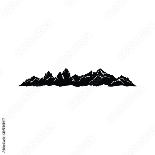 Rugged mountain range silhouette with sharp peaks and jagged ridges on white background.