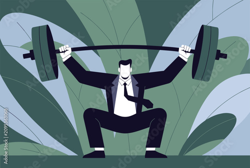 Strong businessman in a formal suit successfully lifting a heavy barbell over his head as a metaphor for overcoming major corporate challenges.