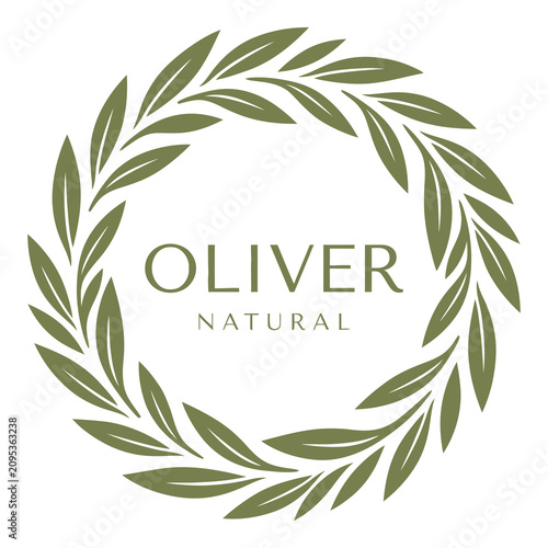 Canvastavla Oliver Natural logo with green leaf wreath and text on white background icon