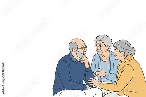 Three senior citizens engaged in a lively conversation, conveying a sense of companionship and shared experience
