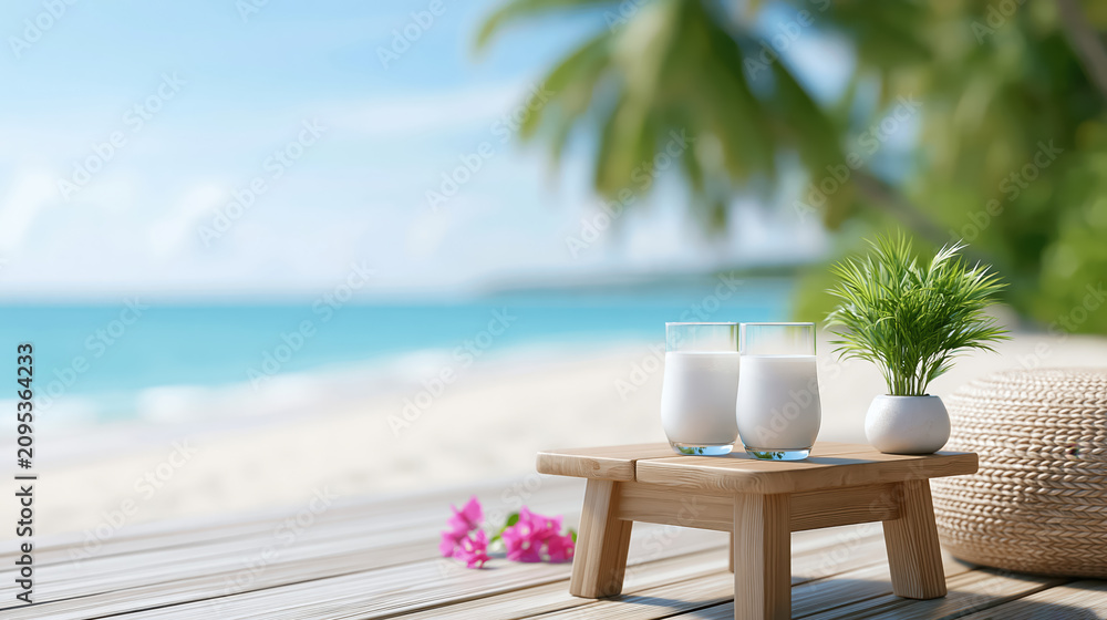 Obraz premium Tropical beach with wooden table holding two glasses of milk and small potted plant, bright relaxing summer scene with palm trees