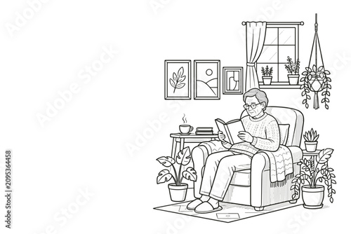 A person relaxing in a comfortable armchair, reading a book in a cozy room. The scene is depicted in a charming, black-and-white illustration style, with plants adding a touch of nature indoors