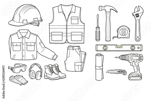 A collection of construction worker's gear and tools, neatly arranged. Includes safety helmet, vest, jacket, pants, glasses, gloves, headphones, boots, hammer, screwdriver, tape measure, wrench.