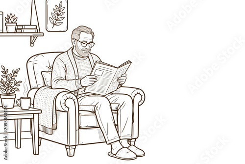A man in glasses sits in a comfortable armchair, reading a newspaper. He is wearing a sweater and slippers, with a blanket draped over his lap