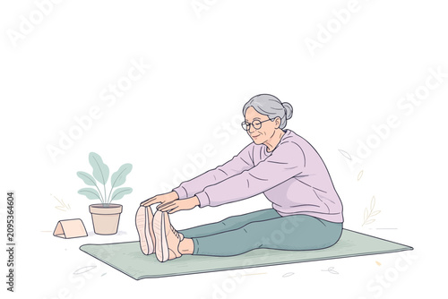 An elderly woman with gray hair and glasses is stretching on a yoga mat. She is wearing a pink sweater and teal pants, and she is reaching for her toes.