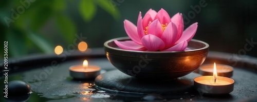 Floating pink peony & burning candles surround a singing bowl on a black stone; peaceful scene , meditation, harmony, balance
