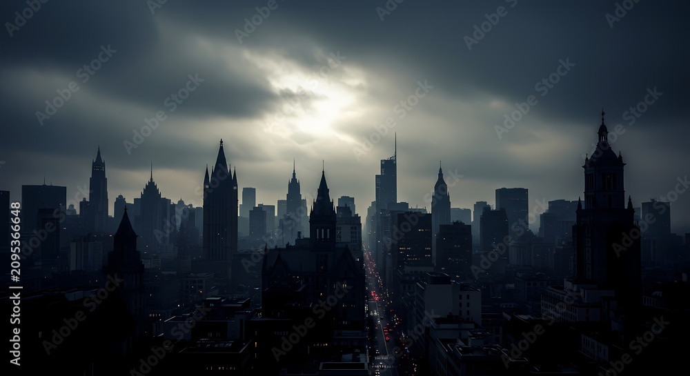 Fototapeta premium Dramatic cityscape with skyscrapers under cloudy sky at dusk or dawn with sunlight peeking through