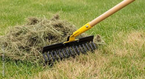 Gardener raking grass clippings. Lawn maintenance with a garden rake.