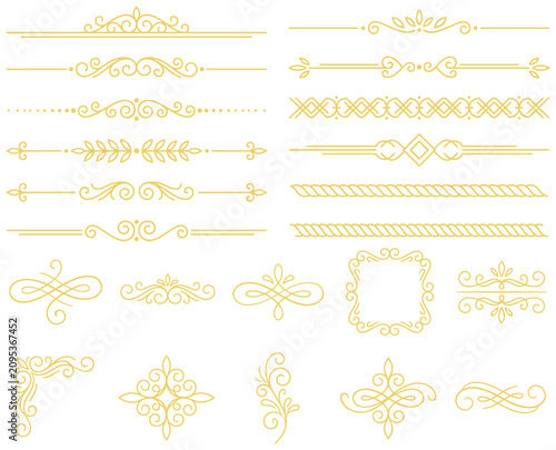 Gold decorative page dividers and floral corners for elegant wedding stationery design.