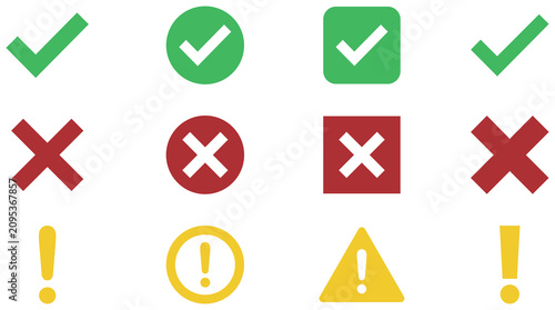 Set of colorful tick marks cross signs and exclamation icons for interface design elements.