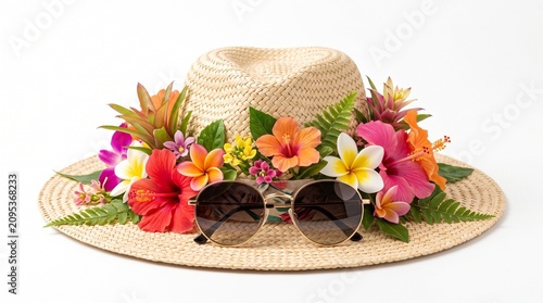 woven straw beach hat decorated with tropical flowers isolated on white background stylish summer vacation accessory concept