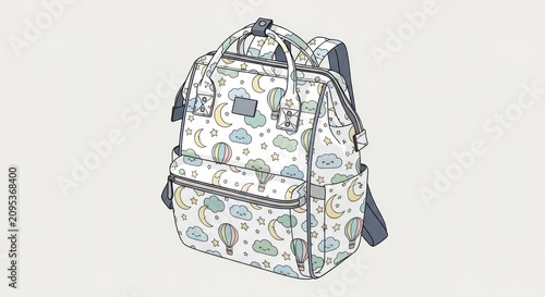 Modern backpack with celestial cloud and moon pattern.