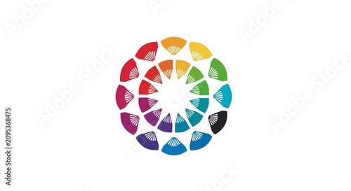 A circular arrangement of colorful folding fans on white background