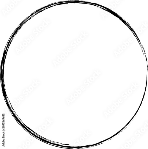 Black hand drawn circle shape with rough textured edges isolated on transparent background