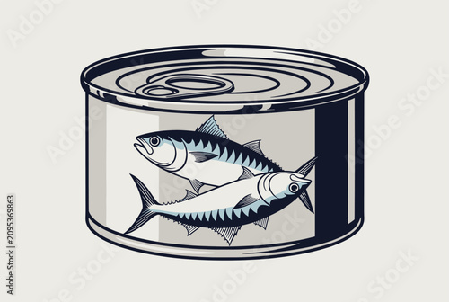 Silver can of fish featuring a realistic mackerel illustration on the label for seafood, canned goods, and preserved food marketing.