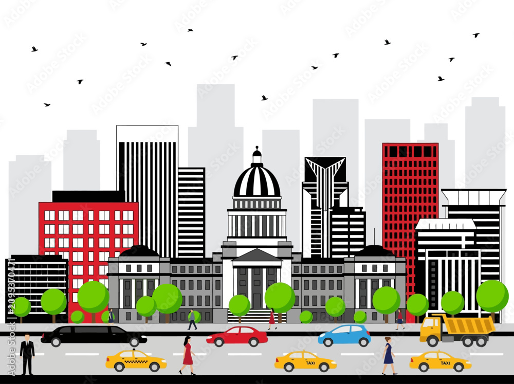 Fototapeta premium Flat design city skyline illustration with capitol building and urban traffic