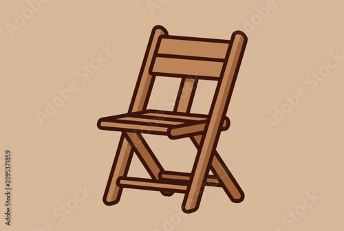 Single wooden folding chair with a brown finish is positioned against a solid light brown background in a cartoon style.