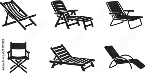 Six different folding deck chairs in black and white vector style Vector