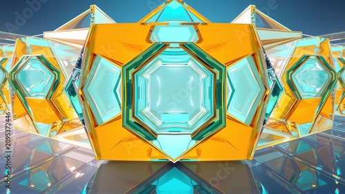 Geometric shapes, vibrant colors, symmetrical design. Orange, turquoise hues create futuristic aesthetic. Reflections enhance visual complexity.