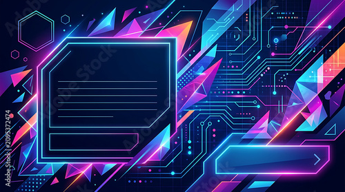 Futuristic cyberpunk HUD technology background with neon glowing geometric frame vectors illustration