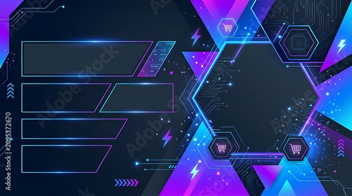 Futuristic cyberpunk hud interface background with glowing neon geometric frames vector illustration