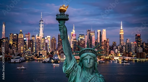 A close up shot of the statue of liberty torch and head with the illuminated new york city skyline and skyscrapers visible in the background, at dusk time