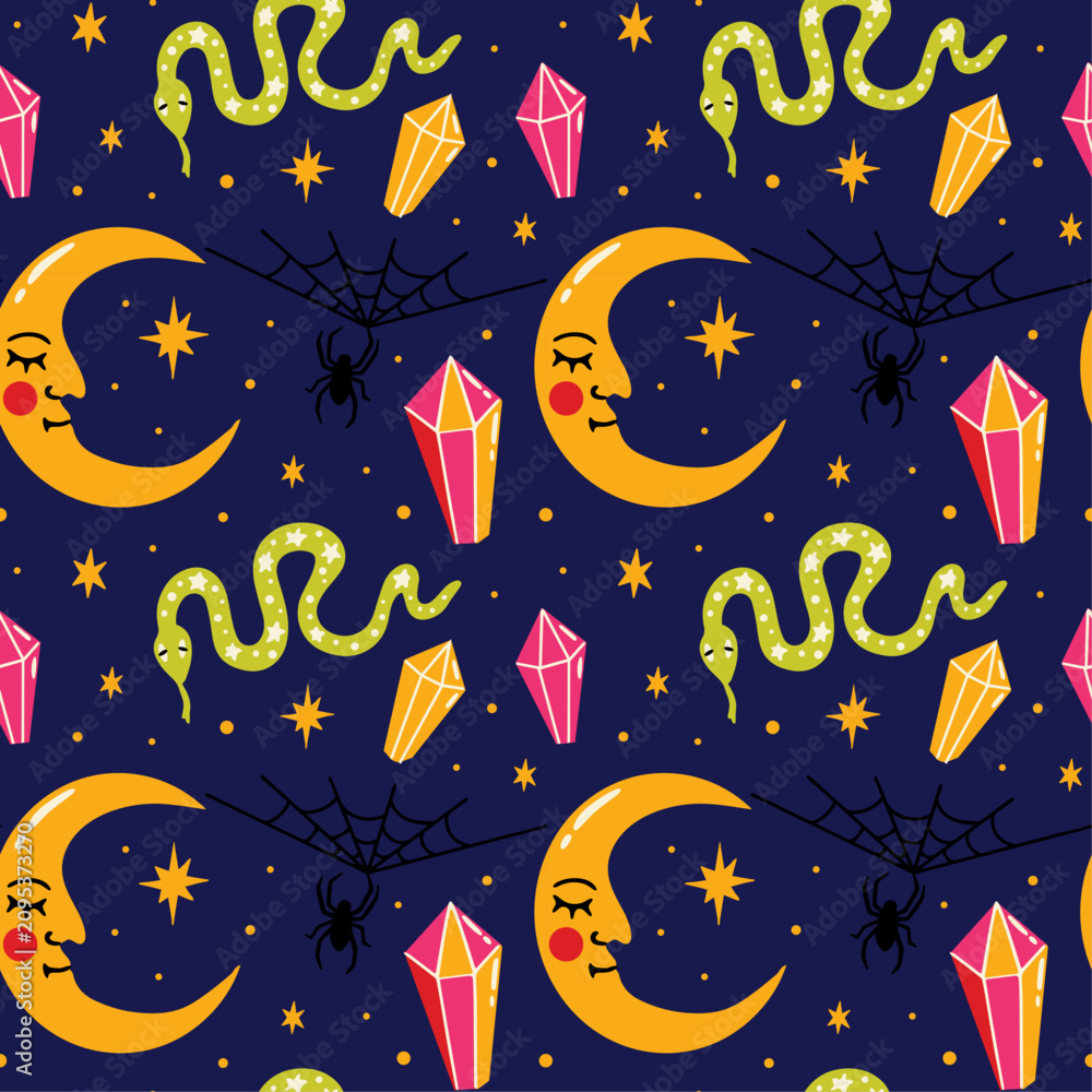 Fototapeta premium Halloween themed vector seamless pattern with groovy funky witchy aesthetic cartoon illustration of spooky magical witchcraft objects, moon, crystals, snake