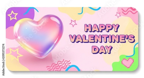 Pastel Happy Valentine's Day banner with 3D heart icon.