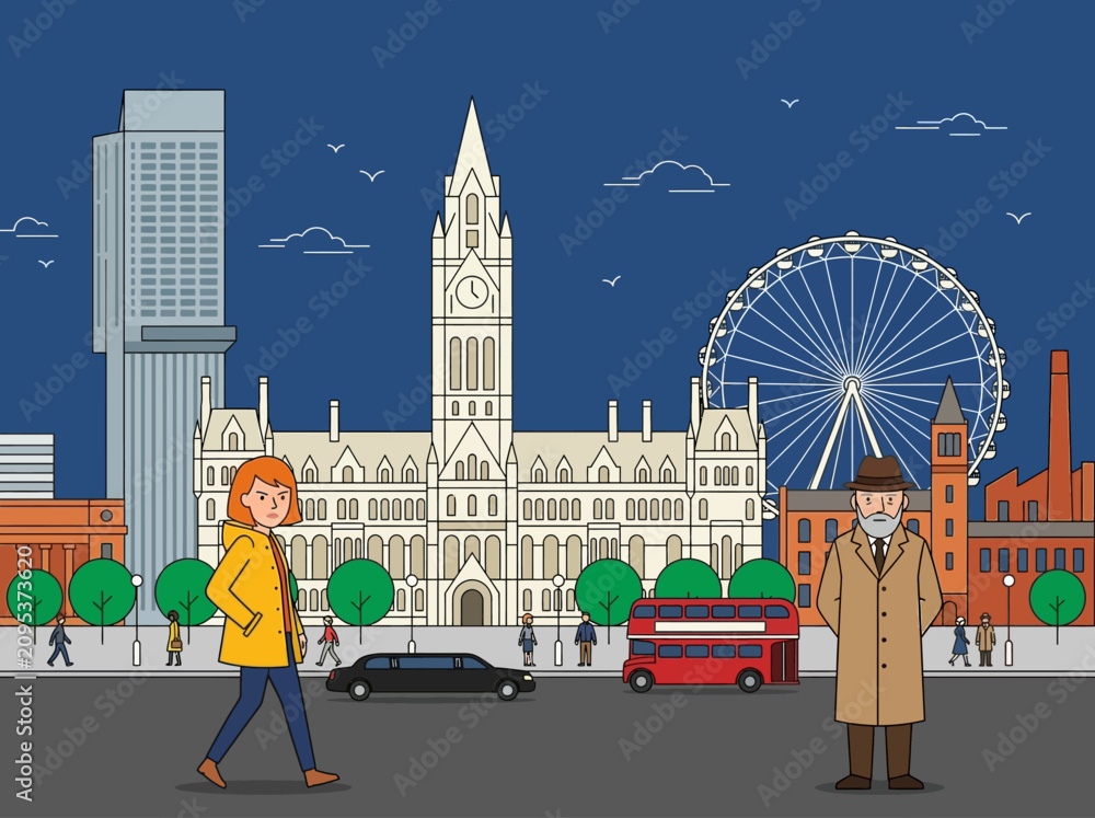 Obraz premium Manchester City Skyline Vector Illustration with Landmarks and People