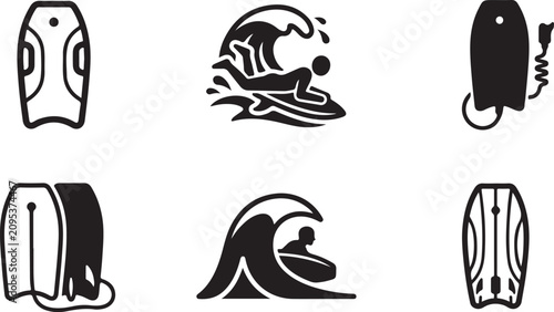 Bild auf Leinwand Six surfboard and wave icons in black and white vector style Vector