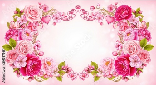 Pink rose floral border frame on light background.
