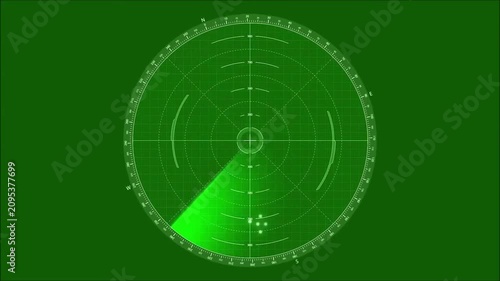 Military submarine radar screen animation with targets blip on chroma key green screen background, sonar sweeping digital interface grid overlay for video