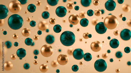 Abstract 3d background with floating glossy emerald green and gold spheres