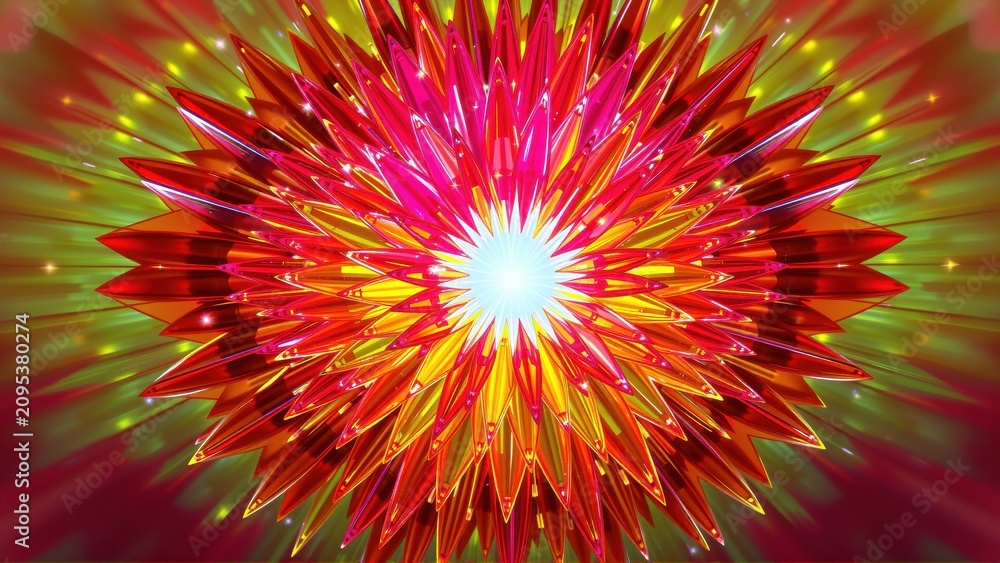 Obraz premium Bright fractal bloom radiates energy. Vivid colors blend, creating dynamic visual impact. Intense light emanates from central point.