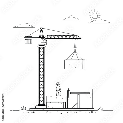 Tall construction crane lifting a block.