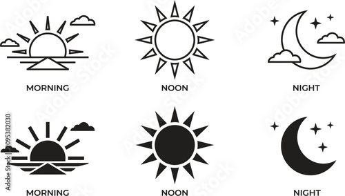 Minimalist vector icon set showing sun and moon cycles for morning noon and night time weather forecast graphic design elements