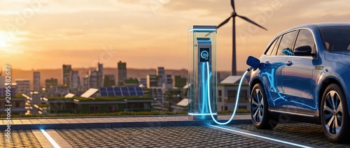 Electric car charging at a station. Modern EV vehicle plugged into a charger at sunset city.