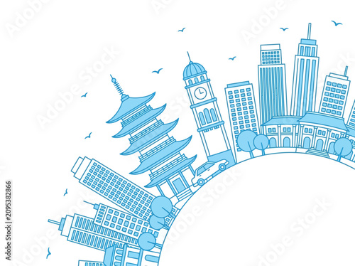 Blue Line Art Global City Skyline Globe Illustration with Urban Landmarks