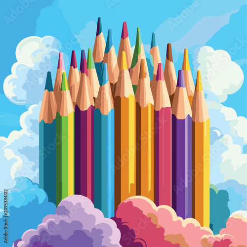 Colorful pencils arranged against a bright blue sky with clouds, perfect for kids and artistic themes.