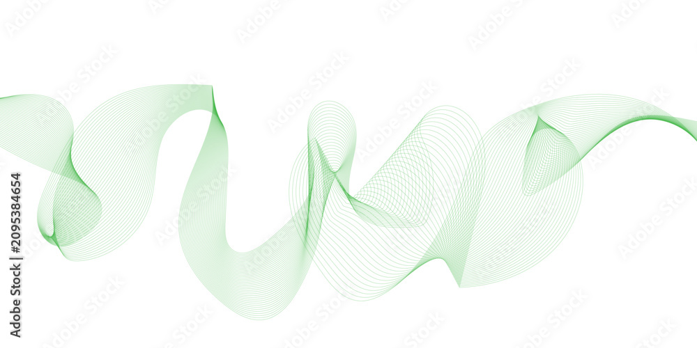 Obraz premium Thin wavy line abstract background. Wavy line horizontal divider outline minimalist background. Abstract green lines wave curve motion on white background. Vector Illustration.
