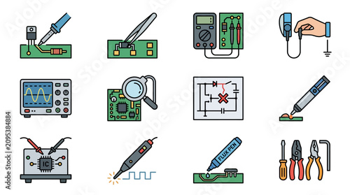 Bild auf Leinwand Colorful flat design electronic tools and equipment icons.