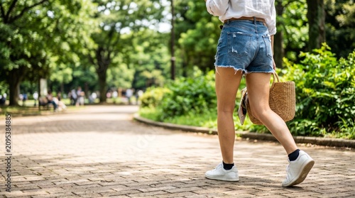 新緑の公園を歩く女性の足元（後ろ姿・デニムショートパンツ）
