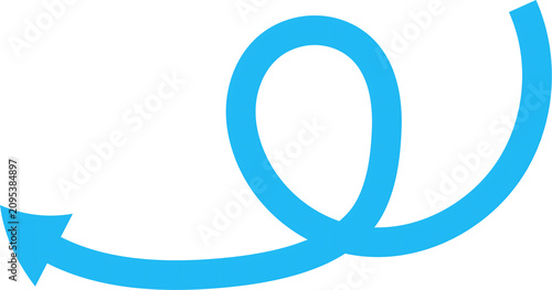 Bright blue hand drawn arrow icon with a curly swirl design isolated on transparent background