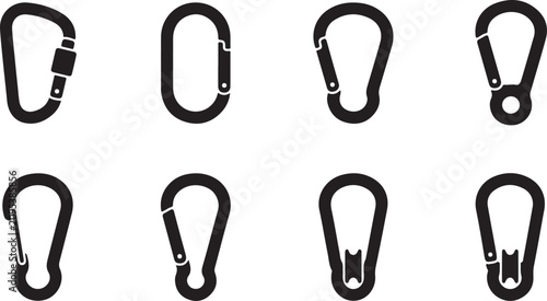 Black climbing carabiners set in various shapes and styles Vector