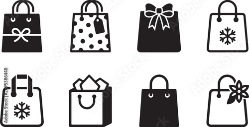 Fotografie Eight stylish shopping bags with bows, snowflakes, and polka dots icon set Vecto