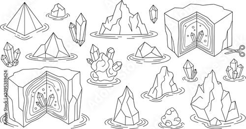 Cuadro en lienzo Crystal gemstone collection, mineral rock outline illustrations, geode geology e