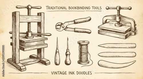 Quadro su tela Vintage ink illustrations of antique bookbinding equipment and tools on a parchm
