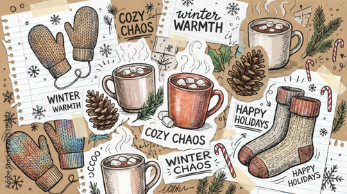 Foto A collage of sketched winter items including mittens hot cocoa mugs socks and pi