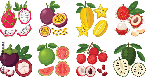 Foto Tropical fruit collection, colorful exotic botanical vector set featuring fresh