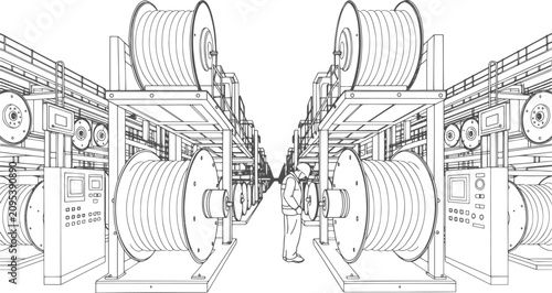 Cable Manufacturing Factory Interior with Large Industrial Cable Drums and Spools, Black and White Line Art Illustration